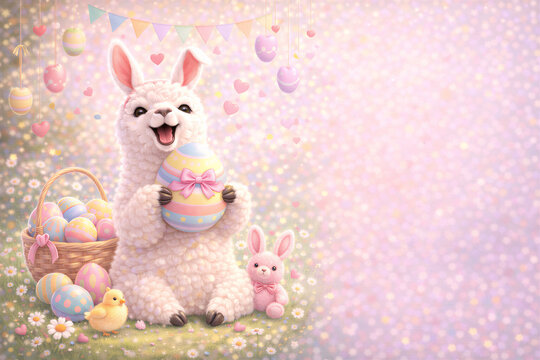 Urocza alpaka wielkanocna z kolorowym jajkiem na pastelowym wiosennym tle