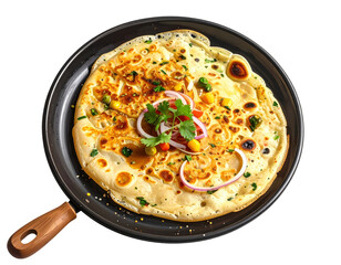 Golden roti flatbread with vegetables and herbs in a black skillet on white