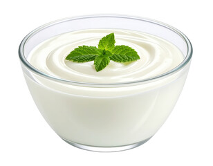 Smooth yogurt in glass bowl, topped with fresh mint leaves, isolated on white background