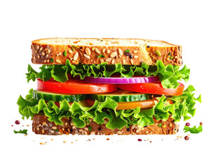 Seeded bread sandwich with lettuce, tomato, cucumber, and red onion on white background
