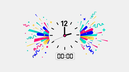 A colorful clock striking midnight with confetti and streamers on a clean white background, symbolizing Happy New Years celebrations. © Asap