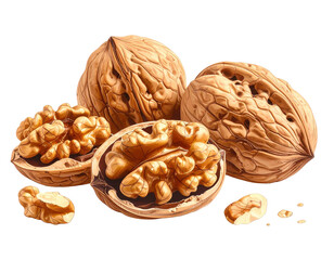 Detailed walnut illustration with cracked shell and kernels on white background