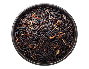 Overhead view of wild rice in a black bowl against a white background