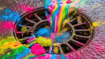 Obraz premium Close-up of a manhole cover with vibrant, multicolored powder spilling out onto wet pavement.