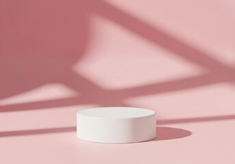 Empty white cylindrical display podium with abstract geometric window shadows on a soft pink background, ideal for elegant product presentation and minimalist cosmetic branding showcase