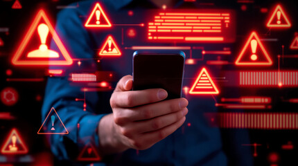 Man holding smartphone with warning signs and symbols around him