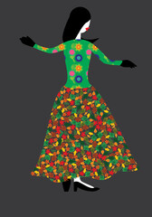 A vector art of a lady modelling a dress with nature patterns. 