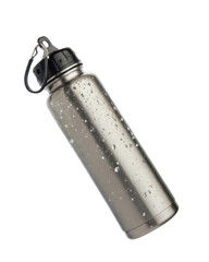 Stainless steel water bottle metal drink container droplets isolated durable stainless steel water bottle with metal drink container covered water