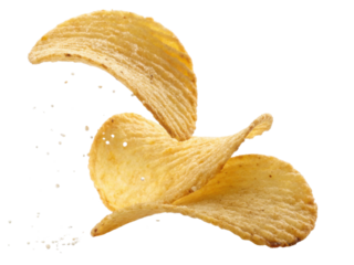 Potato chip snack crisp salty crunchy flying food closeup golden potato chip snack crisp salty crunchy flying food closeup with crumb splash