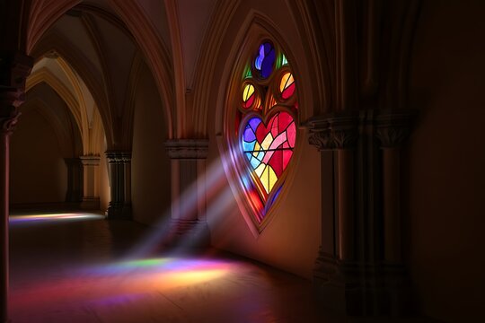 Beautiful heart shaped stained glass window in church