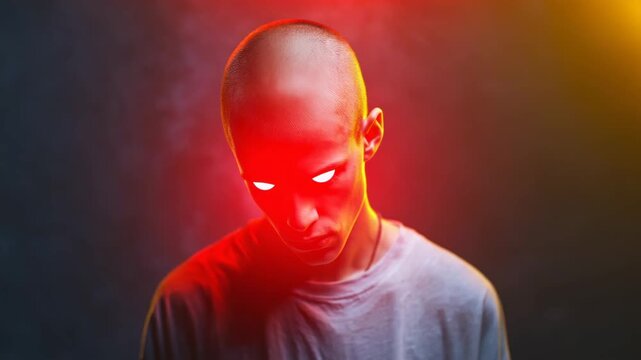 Cyberpunk Inspired Image Showing Man With Glowing Eyes And Dramatic Shadows Across His Face