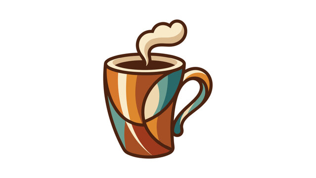 Steaming coffee mug with abstract retro pattern and warm beverage inside