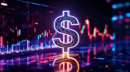 Neon dollar sign on stock market graph background