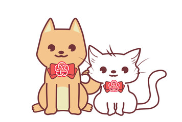 和風の花結びのリボンをつけた仔犬と仔猫がお座りするイラスト
