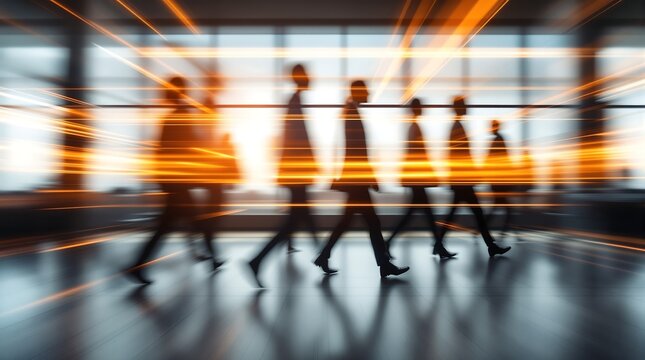 Silhouettes of businesspeople walking quickly through modern office space with dynamic light trails