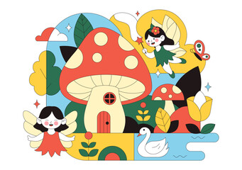 Magical Beautiful Flying Fairy Vector Illustration with Elf, Landscape, Tree, and Green Grass in a Flat Style Kids Cartoon Background