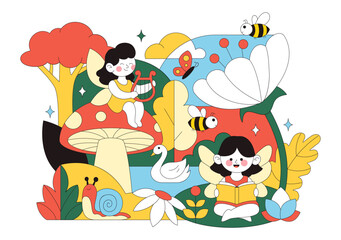 Magical Beautiful Flying Fairy Vector Illustration with Elf, Landscape, Tree, and Green Grass in a Flat Style Kids Cartoon Background