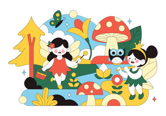 Magical Beautiful Flying Fairy Vector Illustration with Elf, Landscape, Tree, and Green Grass in a Flat Style Kids Cartoon Background