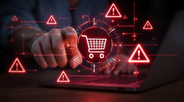Online shopping warning signs surround digital shopping cart on laptop