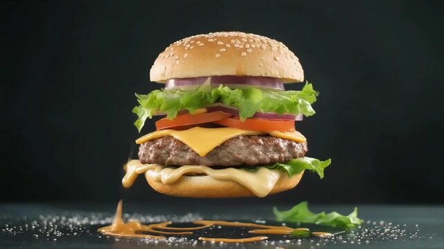 Flying gourmet burger deconstructed mid-air, every layer separated sesame bun, patty, cheese, lettuce, tomato, onion, condiments in droplets