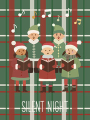Children choir singing Christmas carols on plaid background.