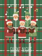 Children choir singing Christmas carols on plaid background.