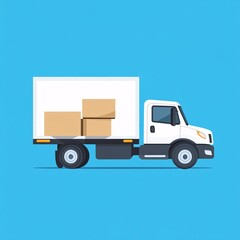 White delivery truck loaded with cardboard boxes on blue background in flat cartoon vector illustration
