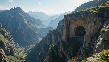 Ancient stone archway in rugged mountain landscape with lush greenery