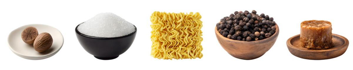 Set of nutmeg, sugar, noodles and peppercorns, isolated on transparent background