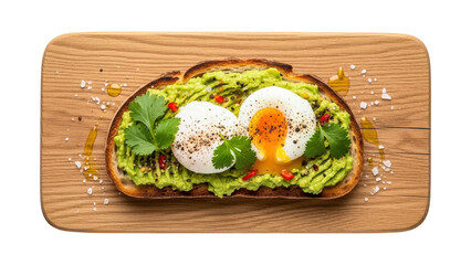 Delicious avocado toast with poached eggs on wooden board isolated on transparent background