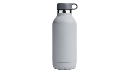 A gray insulated water bottle with a screw on cap and handle isolated on transparent background