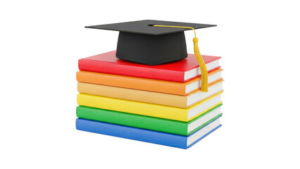 A stack of colorful books with a graduation cap on top isolated on transparent background