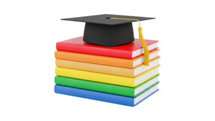 A stack of colorful books with a graduation cap on top isolated on transparent background