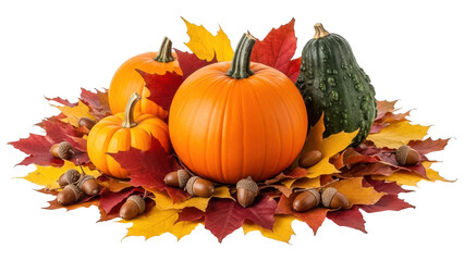 A vibrant arrangement of pumpkins and gourds with fall leaves and acorns isolated on transparent background