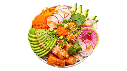 Vibrant sushi bowl with salmon avocado and vegetables on a plate isolated on transparent background