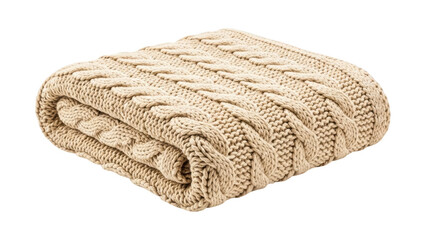 A folded beige knitted blanket with a cable knit pattern on a transparent background