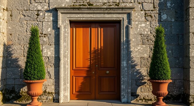 A grand wooden double door framed by ornate stonework, flanked by conical evergreen topiaries in