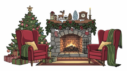Cozy Christmas scene with fireplace and armchairs.