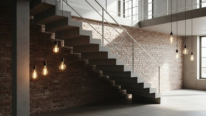 Obraz premium Industrial-style floating staircase with exposed brick and pendant lighting for modern loft and commercial interiors. 