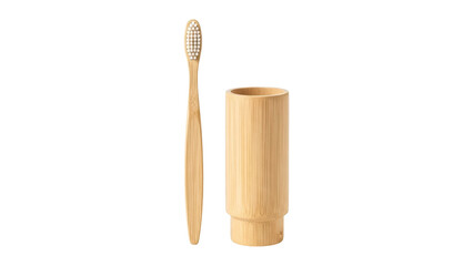 Bamboo toothbrush and holder set on transparent background