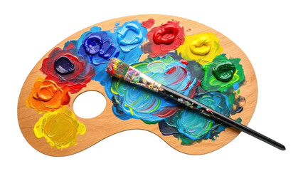 Colorful artists paint palette with a paintbrush on transparent background