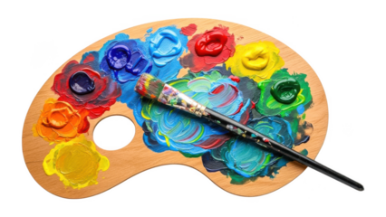 Colorful artists paint palette with a paintbrush on transparent background