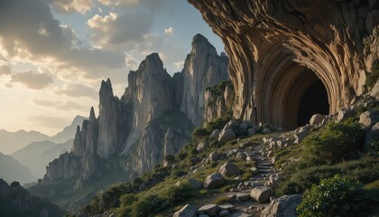 Breathtaking mountain landscape with ancient cave entrance and rugged peaks