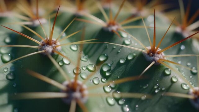 Sunlit Cactus Pad Detail with Sparkling Water Beads and Pointed Spines