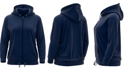 Navy blue hoodie with front, back and side views, isolated on transparent background
