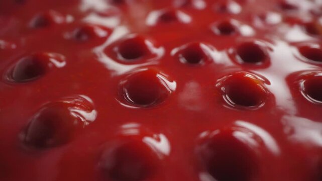 Close up of Strawberry Seeds Embedded in Shiny Red Surface