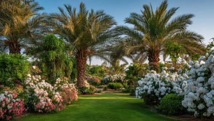 Fototapeta premium A lush tropical garden with palm trees and vibrant flowers.