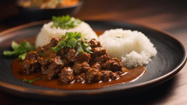 Aromatic and Hearty Braised Meat Stew with Fluffy White Rice, Garnished with Fresh Cilantro, Presented on a Rustic Dark Plate, Evoking a Delicious and Comforting Meal Experience