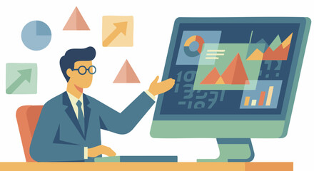 Flat vector illustration of an accountant analyzing financial reports, abstract charts and numbers as shapes, solid colour blocks, flat modern vector illustration