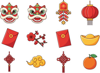 Festive Chinese New Year Icons Lanterns, Envelopes, and Golden Ingots